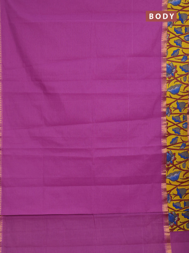 Mangalagiri cotton saree mild purple and yellow with plain body and long zari woven kalamkari printed border & blouse