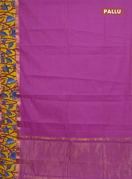 Semi mangalagiri cotton saree mild purple and yellow with plain body and long zari woven kalamkari printed border & blouse