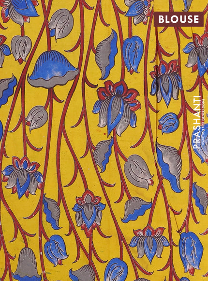 Semi mangalagiri cotton saree mild purple and yellow with plain body and long zari woven kalamkari printed border & blouse