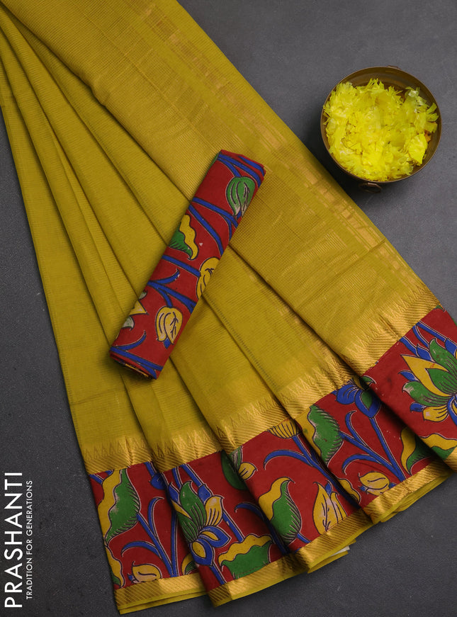 Mangalagiri cotton saree lime yellow and maroon with plain body and long zari woven kalamkari printed border & blouse
