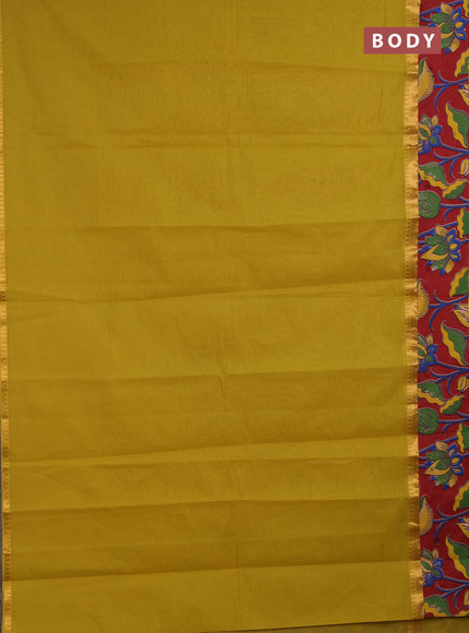 Semi mangalagiri cotton saree lime yellow and maroon with plain body and long zari woven kalamkari printed border & blouse