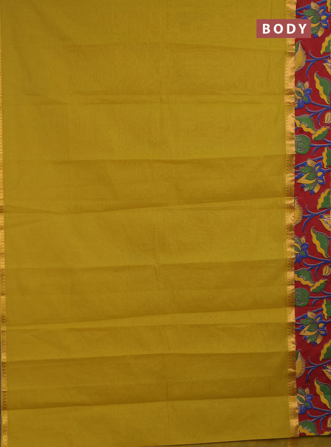 Mangalagiri cotton saree lime yellow and maroon with plain body and long zari woven kalamkari printed border & blouse