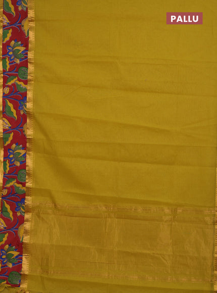 Semi mangalagiri cotton saree lime yellow and maroon with plain body and long zari woven kalamkari printed border & blouse