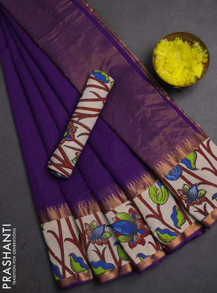 Semi mangalagiri cotton saree purple and beige with plain body and long zari woven kalamkari printed border & blouse