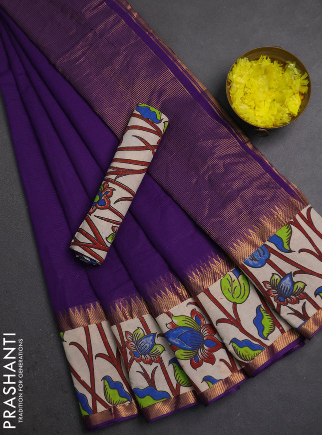 Mangalagiri cotton saree purple and beige with plain body and long zari woven kalamkari printed border & blouse