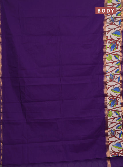 Semi mangalagiri cotton saree purple and beige with plain body and long zari woven kalamkari printed border & blouse