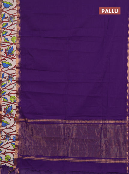 Semi mangalagiri cotton saree purple and beige with plain body and long zari woven kalamkari printed border & blouse