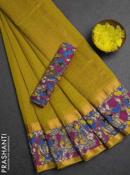 Semi mangalagiri cotton saree lime yellow and magenta pink with plain body and long zari woven kalamkari printed border & blouse