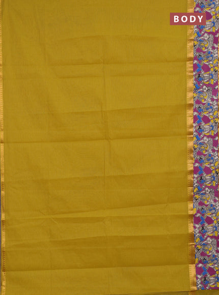 Semi mangalagiri cotton saree lime yellow and magenta pink with plain body and long zari woven kalamkari printed border & blouse