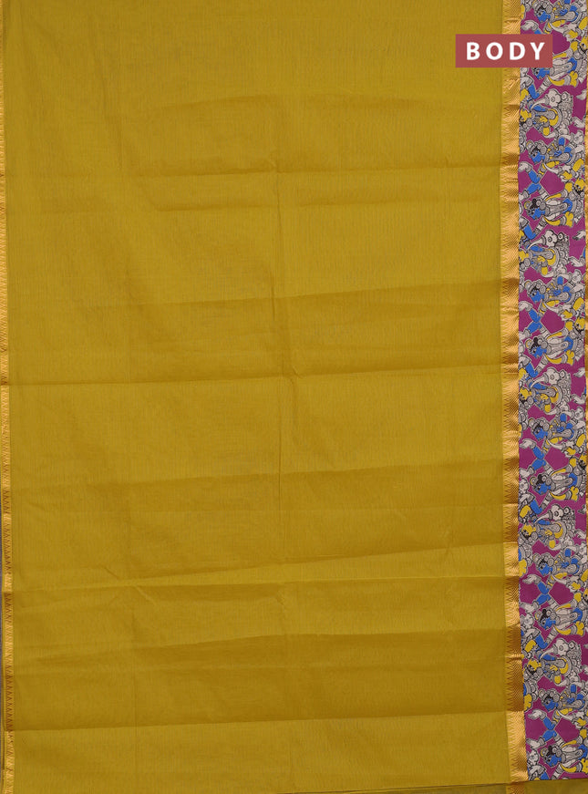 Mangalagiri cotton saree lime yellow and magenta pink with plain body and long zari woven kalamkari printed border & blouse