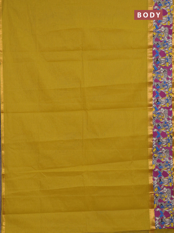 Mangalagiri cotton saree lime yellow and magenta pink with plain body and long zari woven kalamkari printed border & blouse