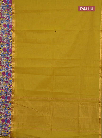 Semi mangalagiri cotton saree lime yellow and magenta pink with plain body and long zari woven kalamkari printed border & blouse