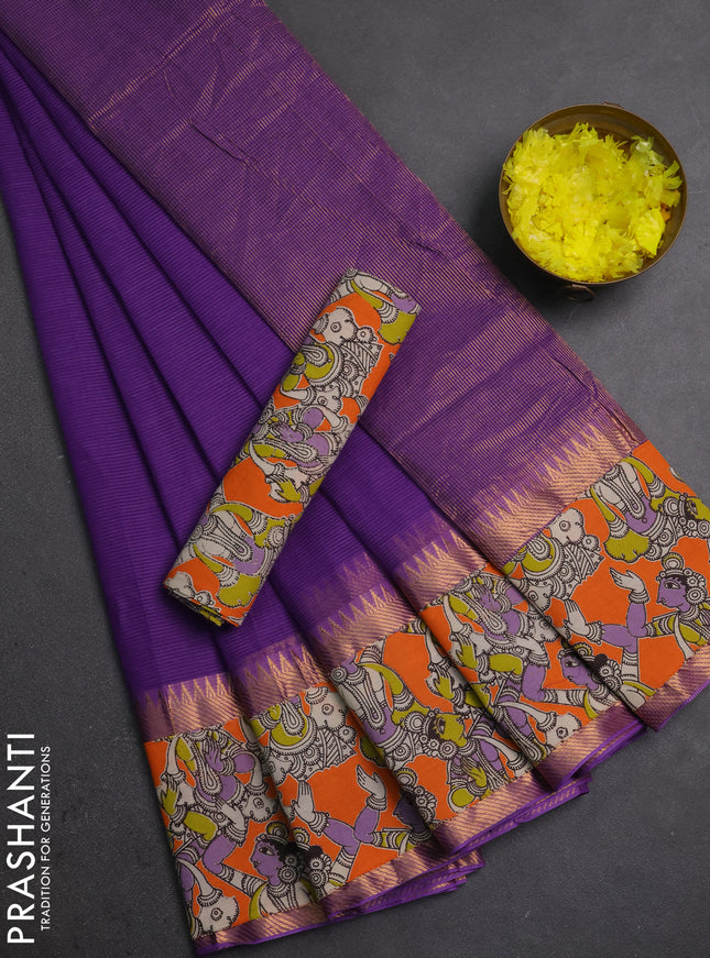 Mangalagiri cotton saree violet and orange with plain body and long zari woven kalamkari printed border & blouse