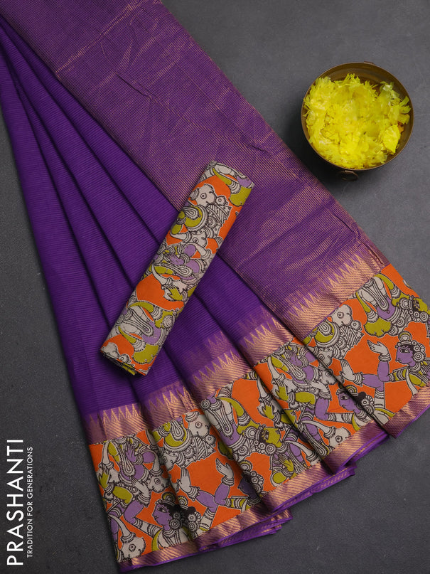Mangalagiri cotton saree violet and orange with plain body and long zari woven kalamkari printed border & blouse
