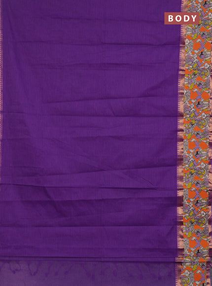 Semi mangalagiri cotton saree violet and orange with plain body and long zari woven kalamkari printed border & blouse