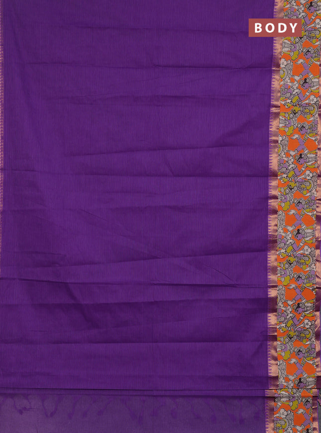 Mangalagiri cotton saree violet and orange with plain body and long zari woven kalamkari printed border & blouse