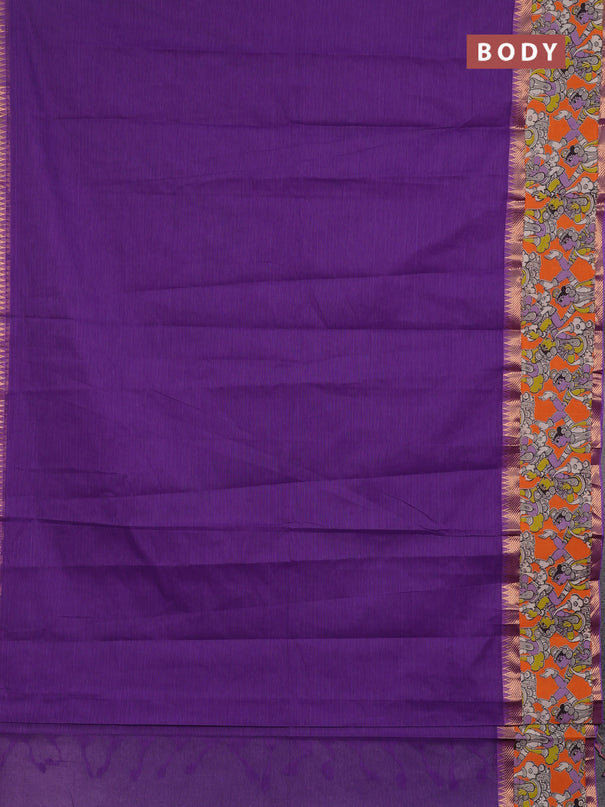Mangalagiri cotton saree violet and orange with plain body and long zari woven kalamkari printed border & blouse