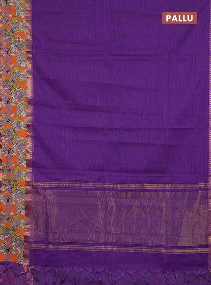 Semi mangalagiri cotton saree violet and orange with plain body and long zari woven kalamkari printed border & blouse