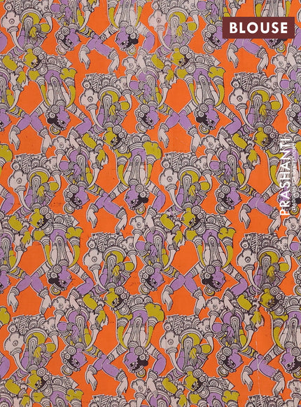 Semi mangalagiri cotton saree violet and orange with plain body and long zari woven kalamkari printed border & blouse