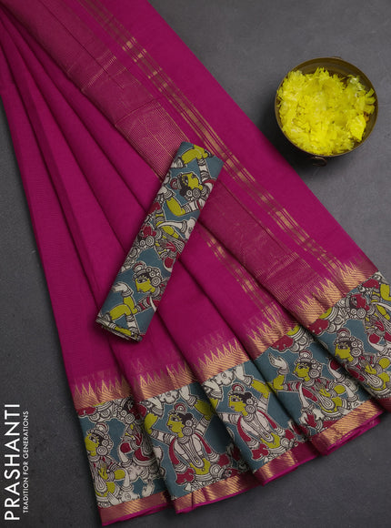 Semi mangalagiri cotton saree pink and grey with plain body and long zari woven kalamkari printed border & blouse