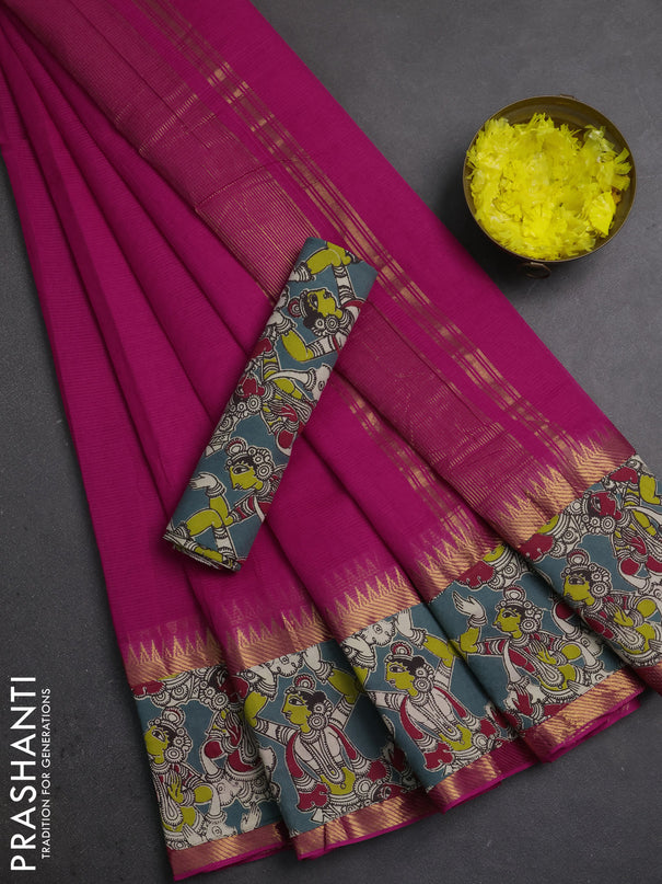 Mangalagiri cotton saree pink and grey with plain body and long zari woven kalamkari printed border & blouse