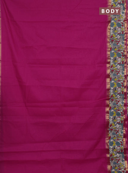 Semi mangalagiri cotton saree pink and grey with plain body and long zari woven kalamkari printed border & blouse