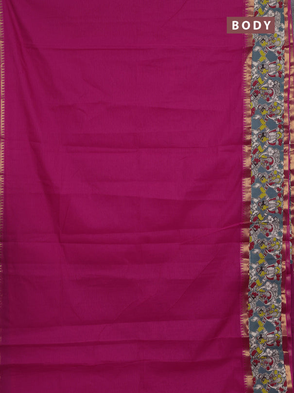 Mangalagiri cotton saree pink and grey with plain body and long zari woven kalamkari printed border & blouse