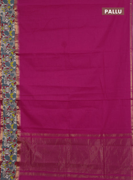 Semi mangalagiri cotton saree pink and grey with plain body and long zari woven kalamkari printed border & blouse