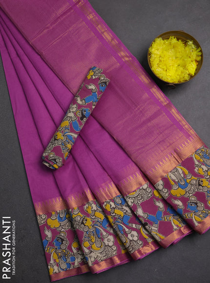 Semi mangalagiri cotton saree magenta pink with plain body and long zari woven kalamkari printed border & blouse