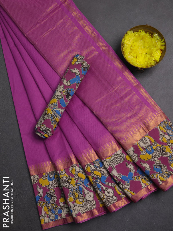 Mangalagiri cotton saree magenta pink with plain body and long zari woven kalamkari printed border & blouse
