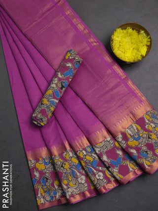 Mangalagiri cotton saree magenta pink with plain body and long zari woven kalamkari printed border & blouse