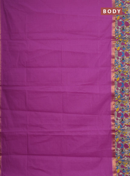 Semi mangalagiri cotton saree magenta pink with plain body and long zari woven kalamkari printed border & blouse