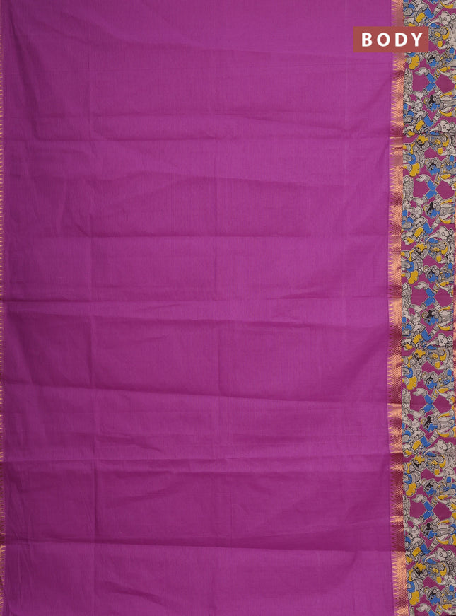 Mangalagiri cotton saree magenta pink with plain body and long zari woven kalamkari printed border & blouse