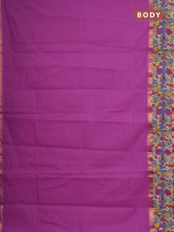 Mangalagiri cotton saree magenta pink with plain body and long zari woven kalamkari printed border & blouse