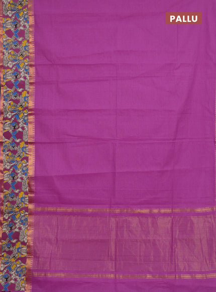 Semi mangalagiri cotton saree magenta pink with plain body and long zari woven kalamkari printed border & blouse