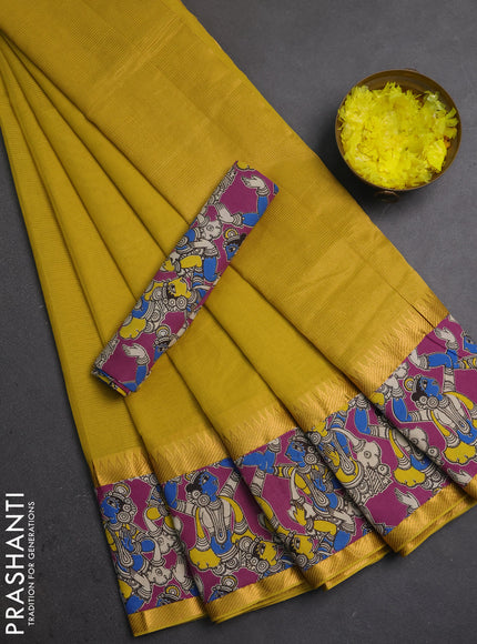 Semi mangalagiri cotton saree mustard yellow and magenta pink with plain body and long zari woven kalamkari printed border & blouse