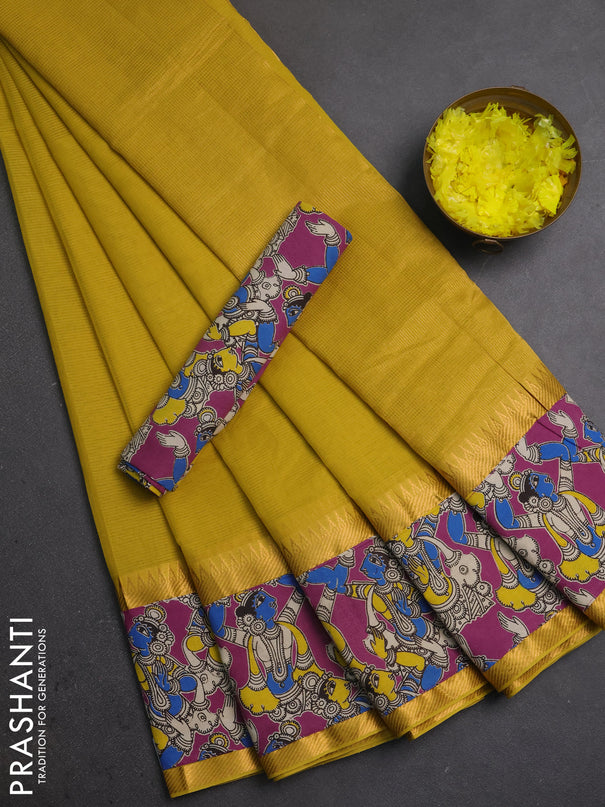 Mangalagiri cotton saree mustard yellow and magenta pink with plain body and long zari woven kalamkari printed border & blouse