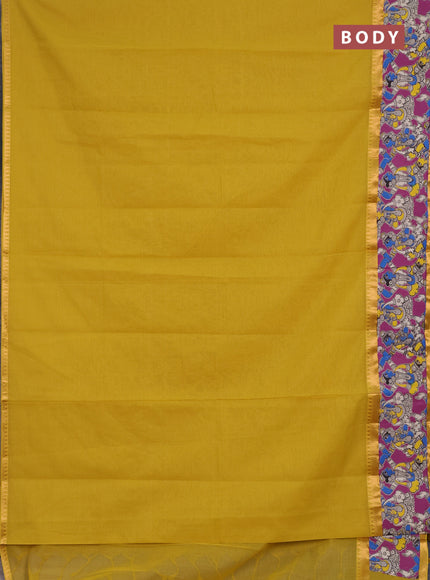 Semi mangalagiri cotton saree mustard yellow and magenta pink with plain body and long zari woven kalamkari printed border & blouse