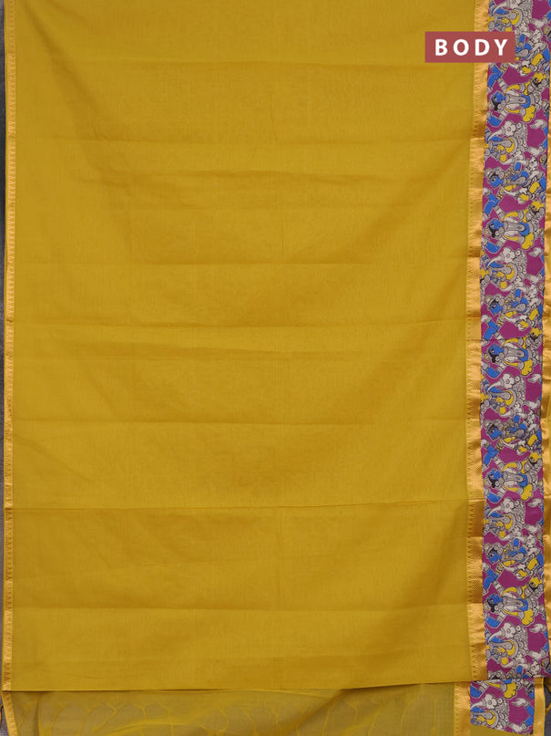 Mangalagiri cotton saree mustard yellow and magenta pink with plain body and long zari woven kalamkari printed border & blouse