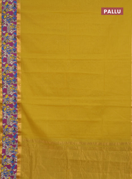 Semi mangalagiri cotton saree mustard yellow and magenta pink with plain body and long zari woven kalamkari printed border & blouse