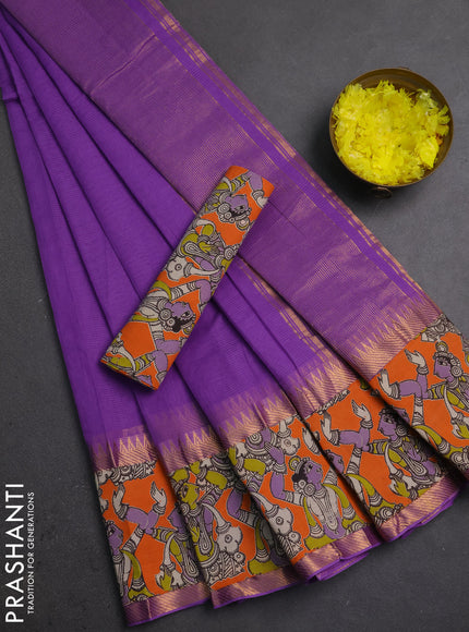 Semi mangalagiri cotton saree lavender and orange with plain body and long zari woven kalamkari printed border & blouse