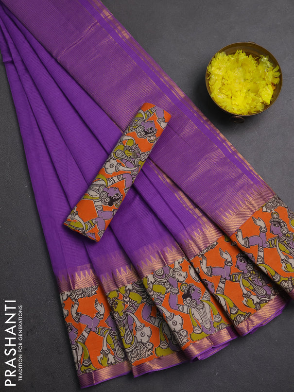 Mangalagiri cotton saree lavender and orange with plain body and long zari woven kalamkari printed border & blouse