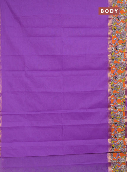 Semi mangalagiri cotton saree lavender and orange with plain body and long zari woven kalamkari printed border & blouse