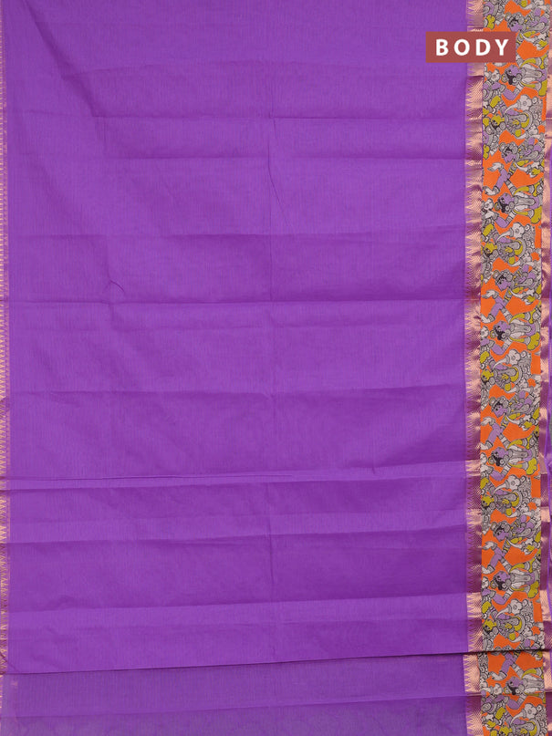 Mangalagiri cotton saree lavender and orange with plain body and long zari woven kalamkari printed border & blouse