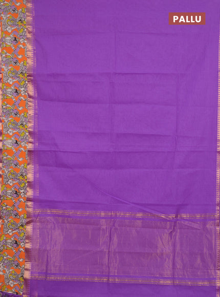 Semi mangalagiri cotton saree lavender and orange with plain body and long zari woven kalamkari printed border & blouse