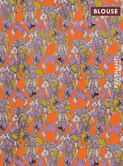 Semi mangalagiri cotton saree lavender and orange with plain body and long zari woven kalamkari printed border & blouse