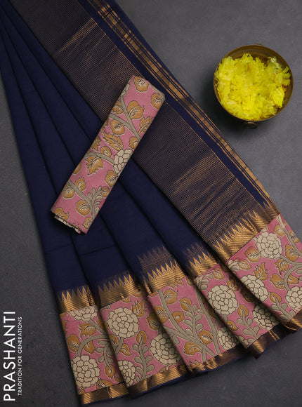 Semi mangalagiri cotton saree navy blue and mauve pink with plain body and long zari woven kalamkari printed border & blouse