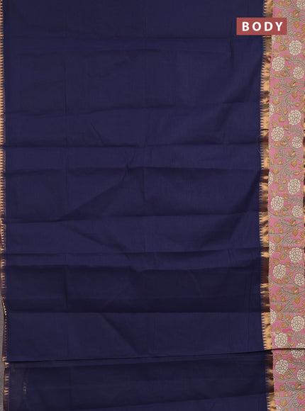 Semi mangalagiri cotton saree navy blue and mauve pink with plain body and long zari woven kalamkari printed border & blouse
