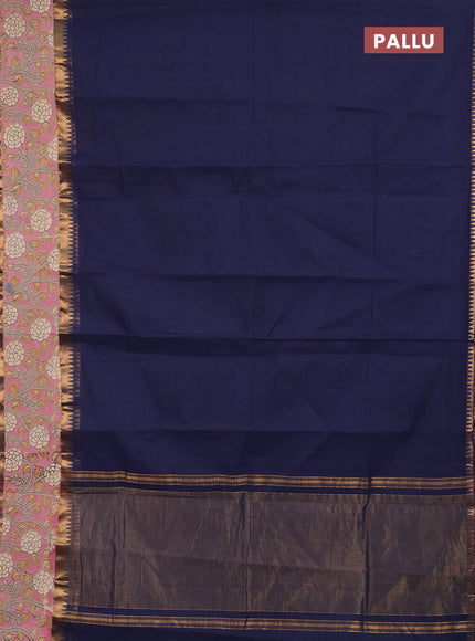 Semi mangalagiri cotton saree navy blue and mauve pink with plain body and long zari woven kalamkari printed border & blouse