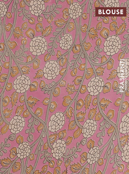 Semi mangalagiri cotton saree navy blue and mauve pink with plain body and long zari woven kalamkari printed border & blouse